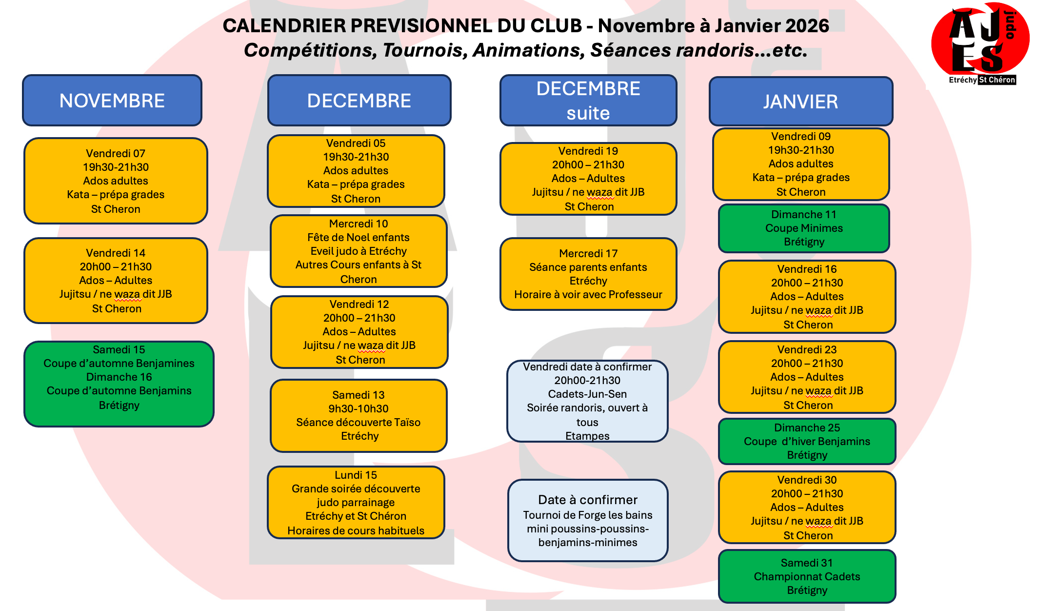 Calendrier Novembre à Janvier 2026