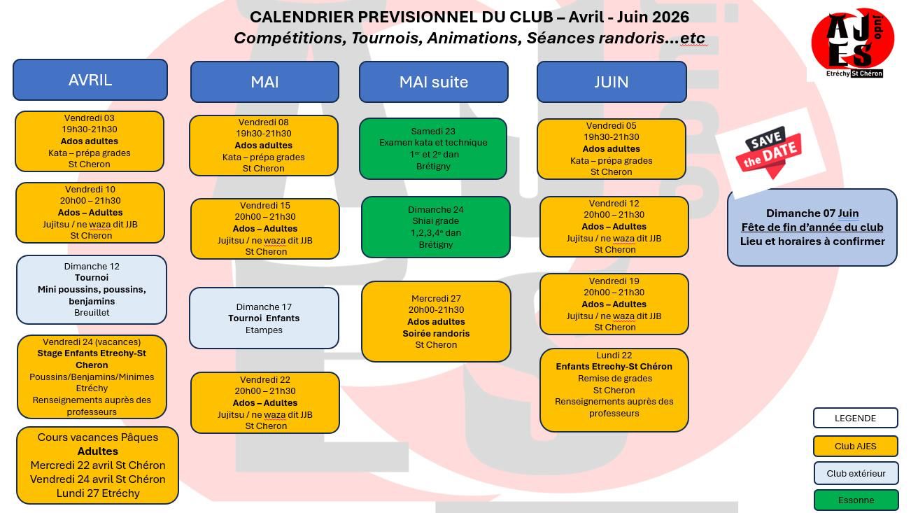 Calendrier Avril à juin 2026